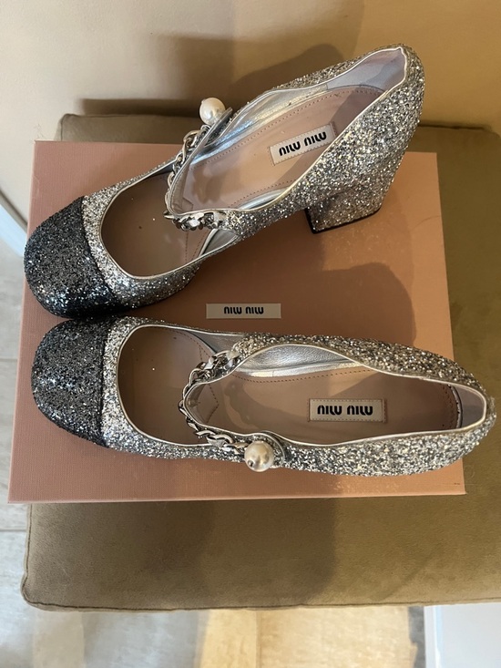 Miu Miu Shoes - Miu Miu Silver and Charcoal Glitter Pearl-Strap Mary Jane Pumps